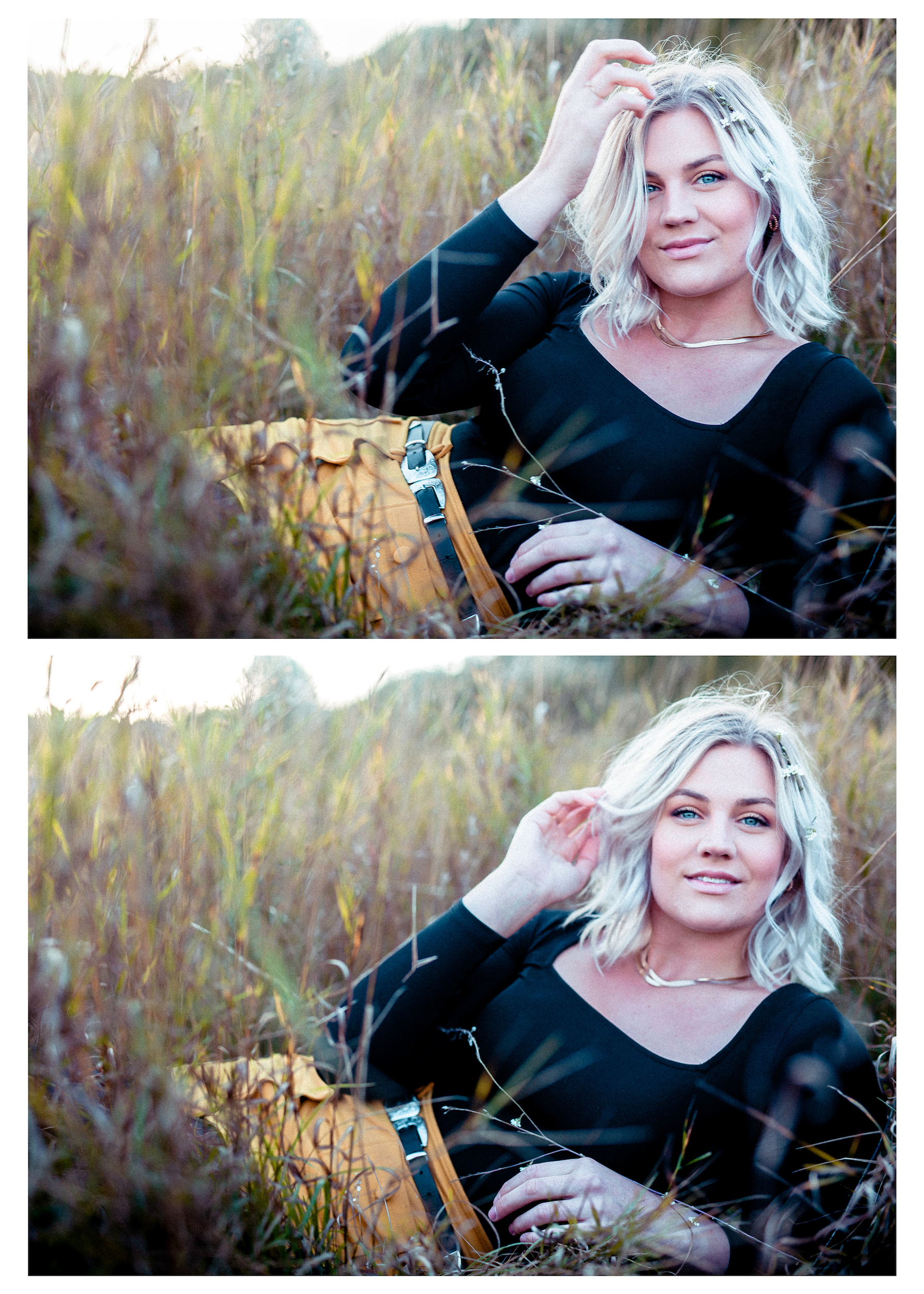 Stack of two images of J in tall grass