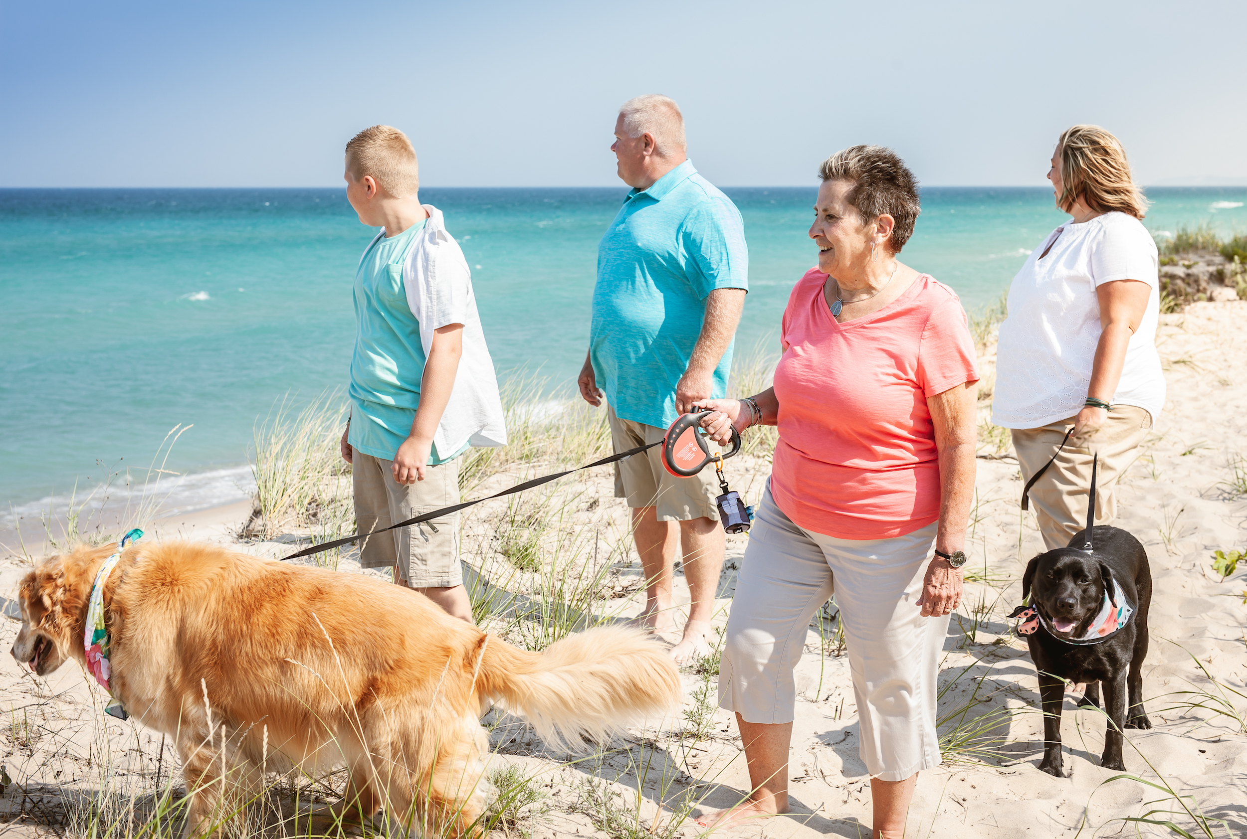 Family walking dogs on the beach