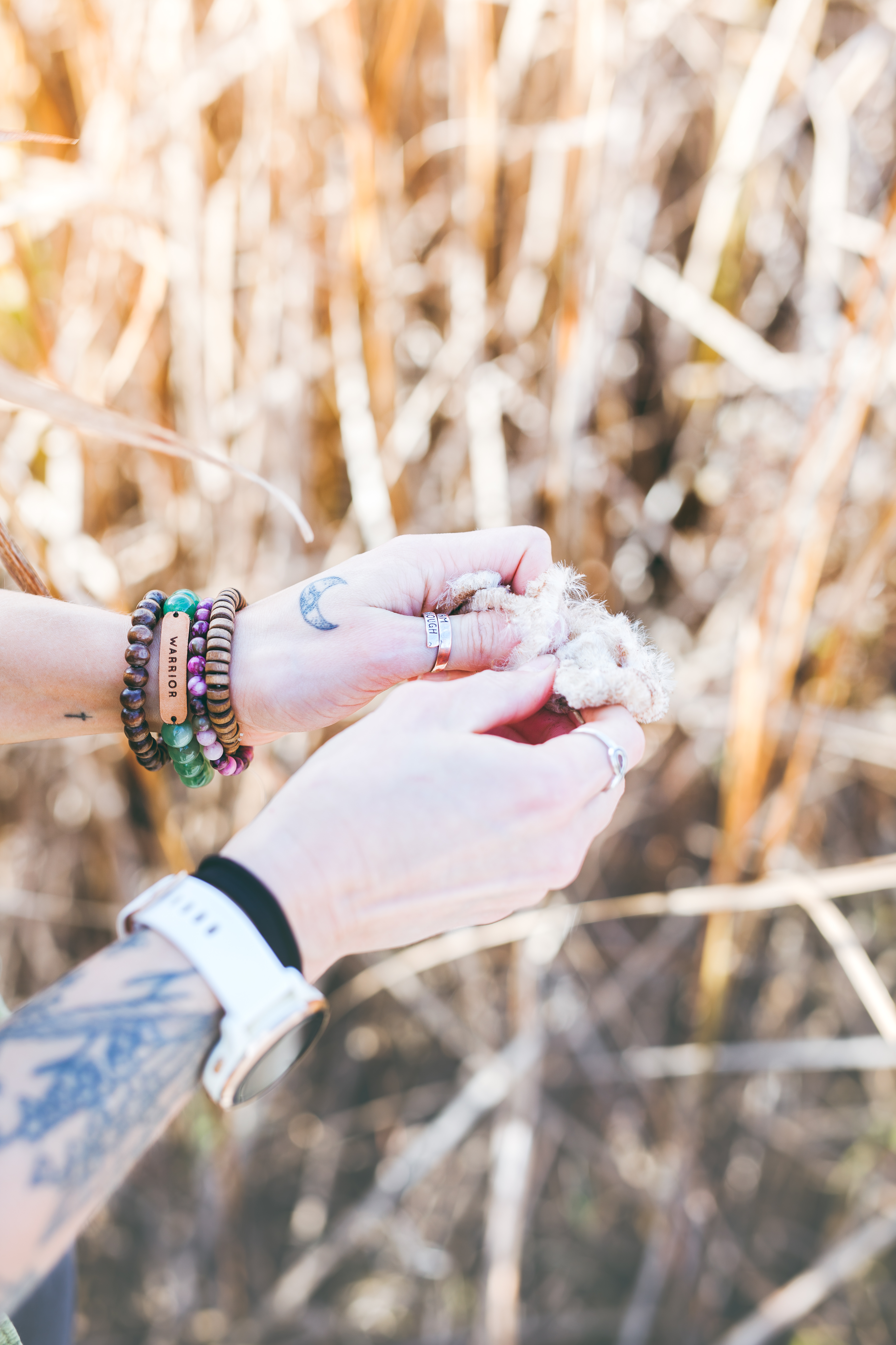 Hands holding plants wearing bracelets
